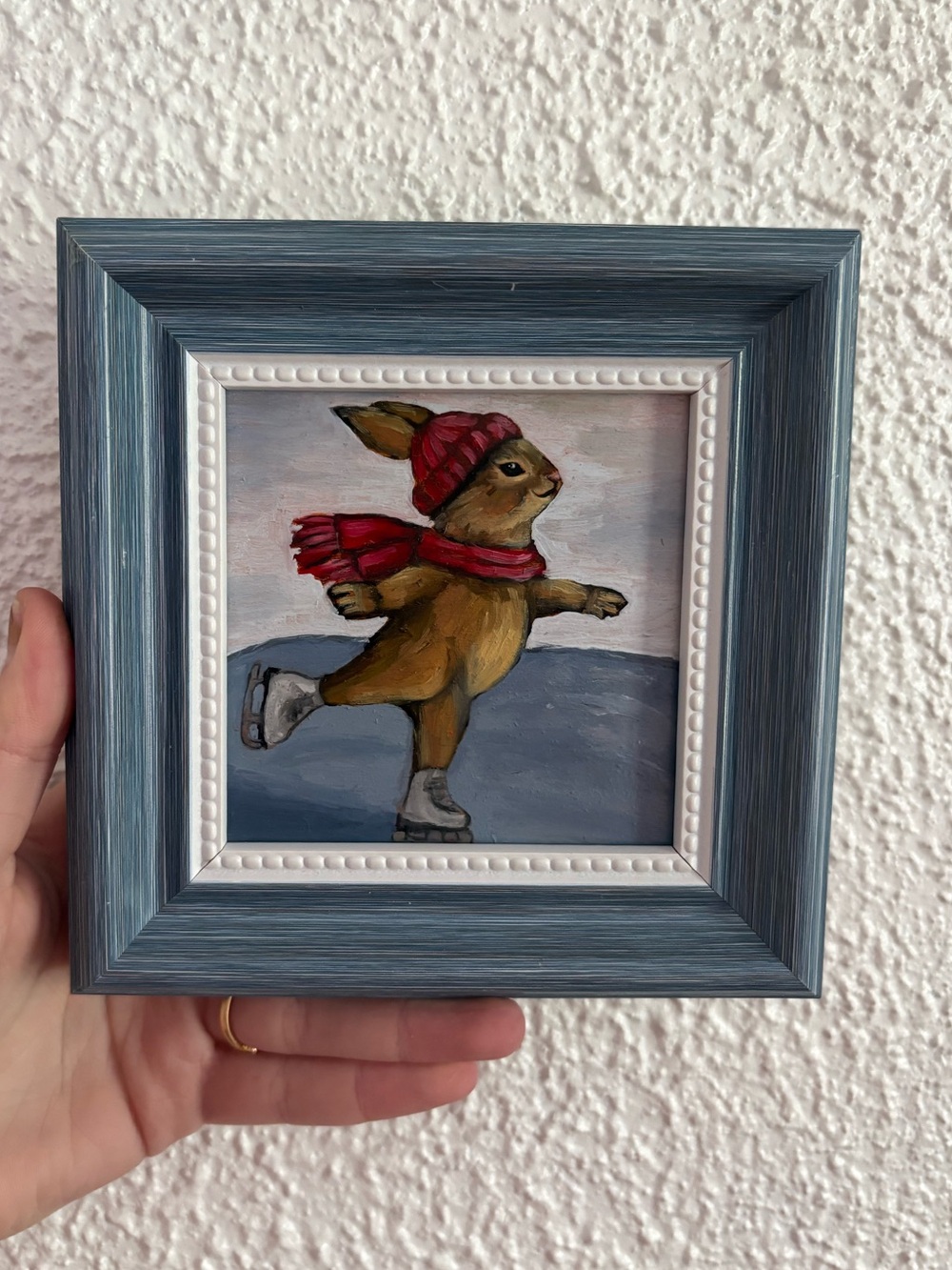 "Skating Rabbit” Original oil painting on wood board mini framed 4x4"